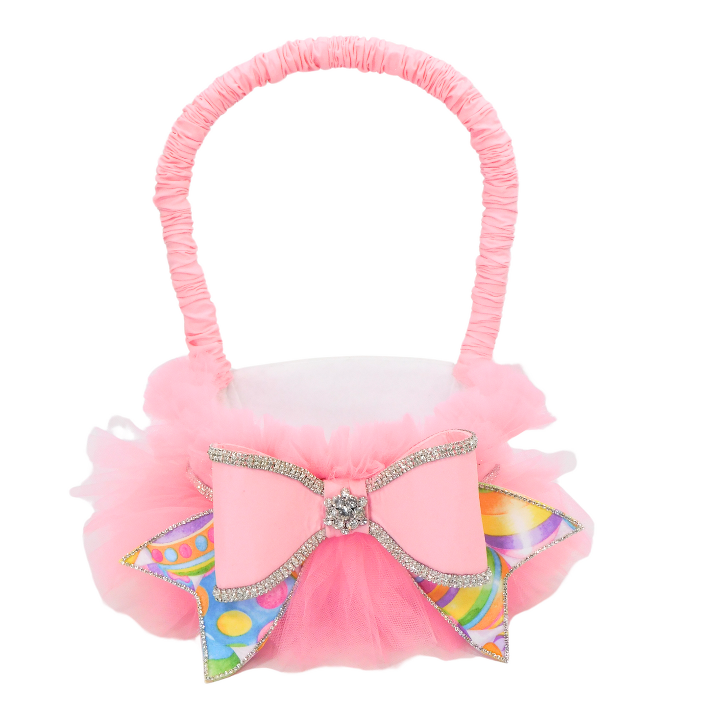 Easter Bougie Basket Wreath Attachment – Pastel Tulle Baskets with Rhinestone Bow, Shelf or Wreath Decor