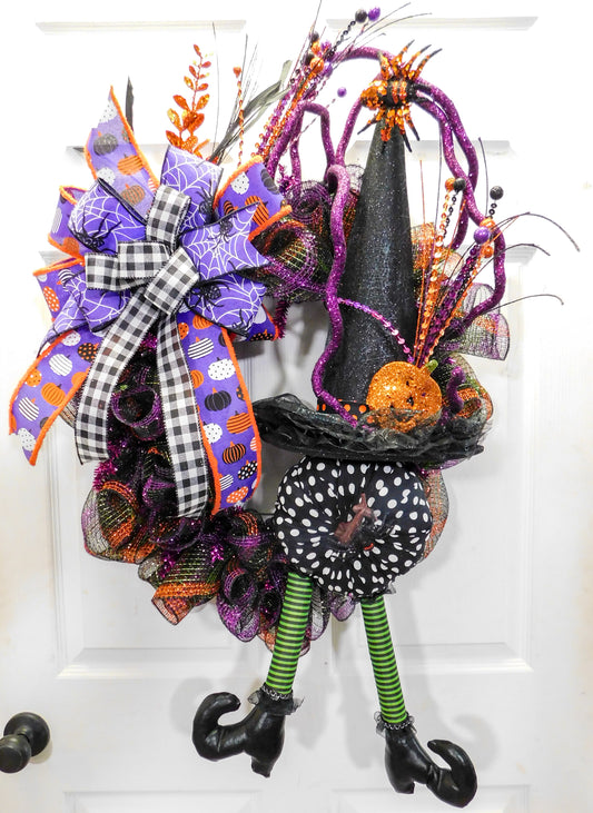 Whimsical Witch Halloween Wreath with Spider Accents and Bow - Festive Door Decor