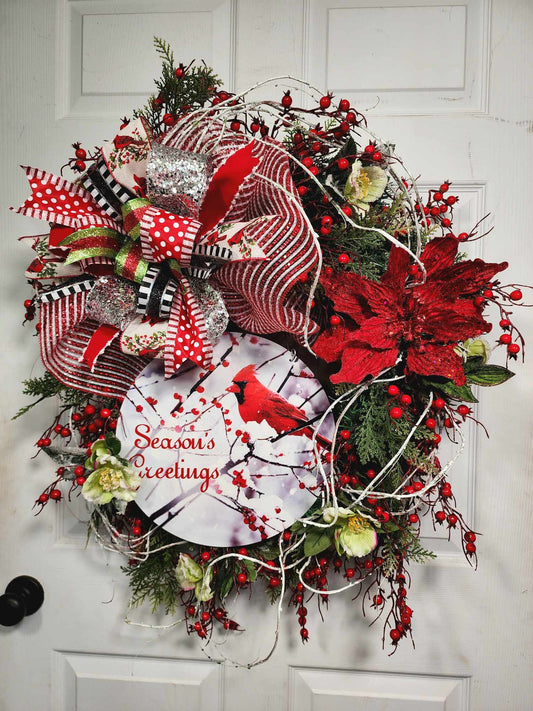 Cardinal Season's Greetings Christmas Wreath – Festive Red & White Winter Décor with Designer Ribbon & Holiday Accents