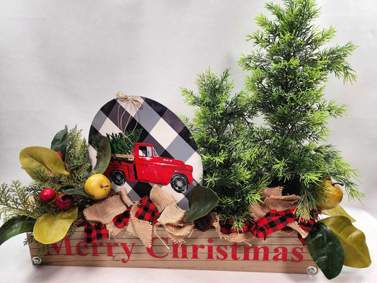 Rustic Red Truck Farmhouse Christmas Centerpiece – Buffalo Plaid Décor with Faux Evergreens & Festive Accents