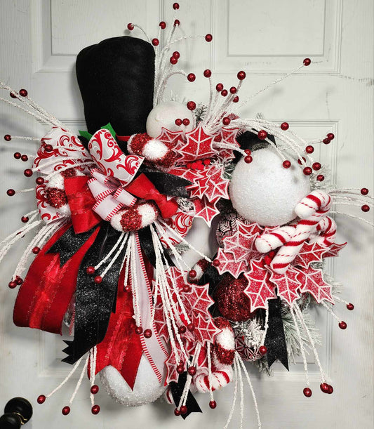 Snowman Hat Christmas Wreath – 28” Winter Door Décor with Peppermint Accents, Designer Ribbon & Glitter Picks