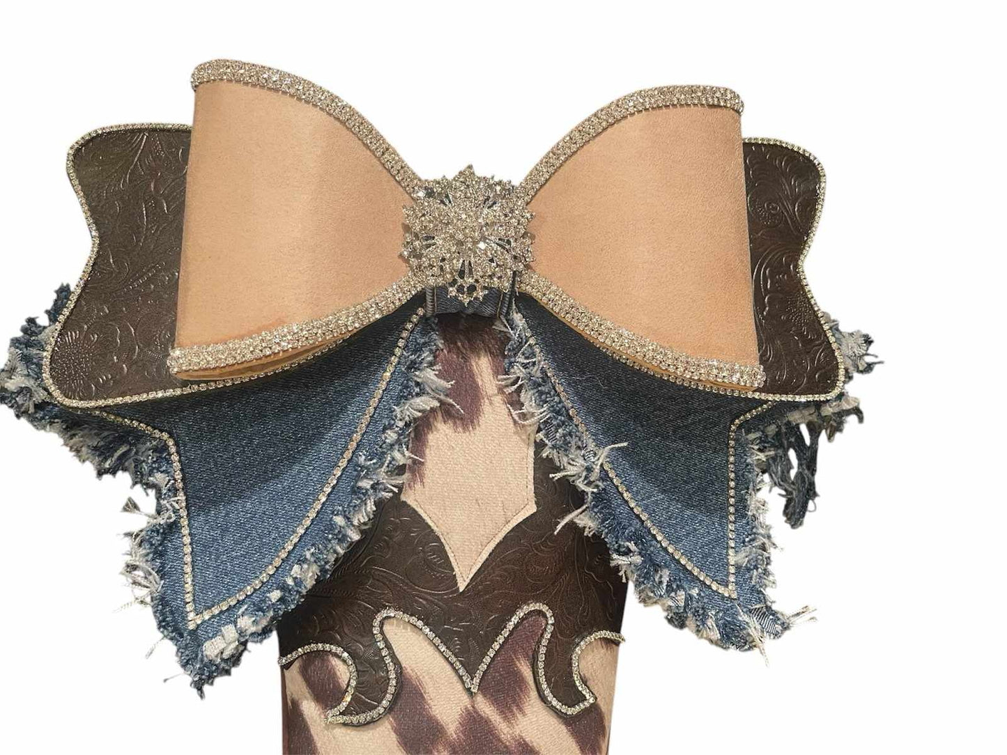 Western Bougie Boot Wreath Attachment – Cowhide Print, Suede, Denim & Rhinestone Accents