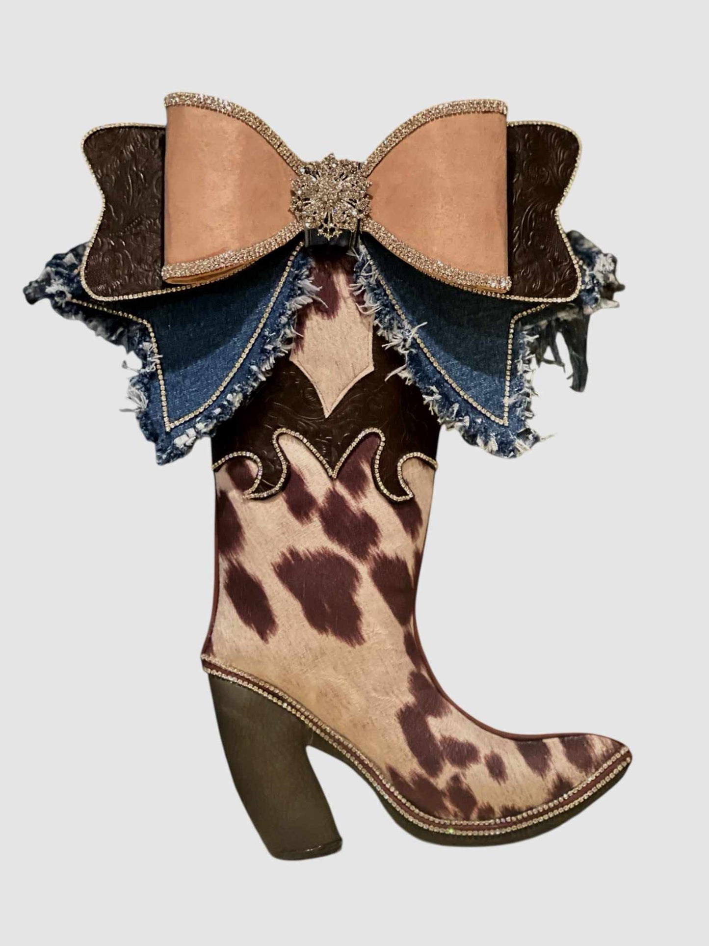 Western Bougie Boot Wreath Attachment – Cowhide Print, Suede, Denim & Rhinestone Accents