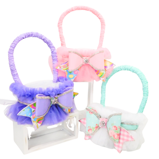 Easter Bougie Basket Wreath Attachment – Pastel Tulle Baskets with Rhinestone Bow, Shelf or Wreath Decor