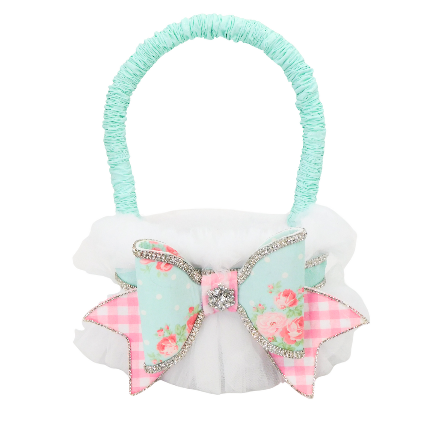 Easter Bougie Basket Wreath Attachment – Pastel Tulle Baskets with Rhinestone Bow, Shelf or Wreath Decor