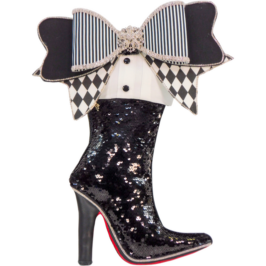 Tuxedo-Inspired Stiletto Boot Wreath Attachment | Black Sequin Heel with Bow | Elegant Holiday Door Decor