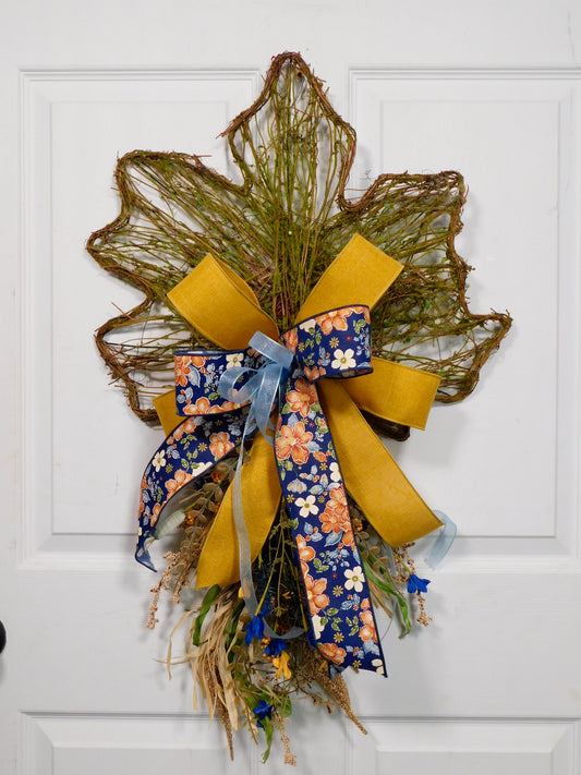 Grapevine Maple Leaf Door Hanger with Floral Ribbon Bow, Fall Door Decor