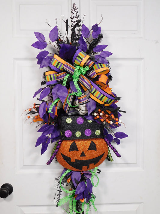 Festive Halloween Jack-o'-Lantern Door Swag with Purple & Orange Ribbon, Witch Hat Decor, Halloween Wall Hanging