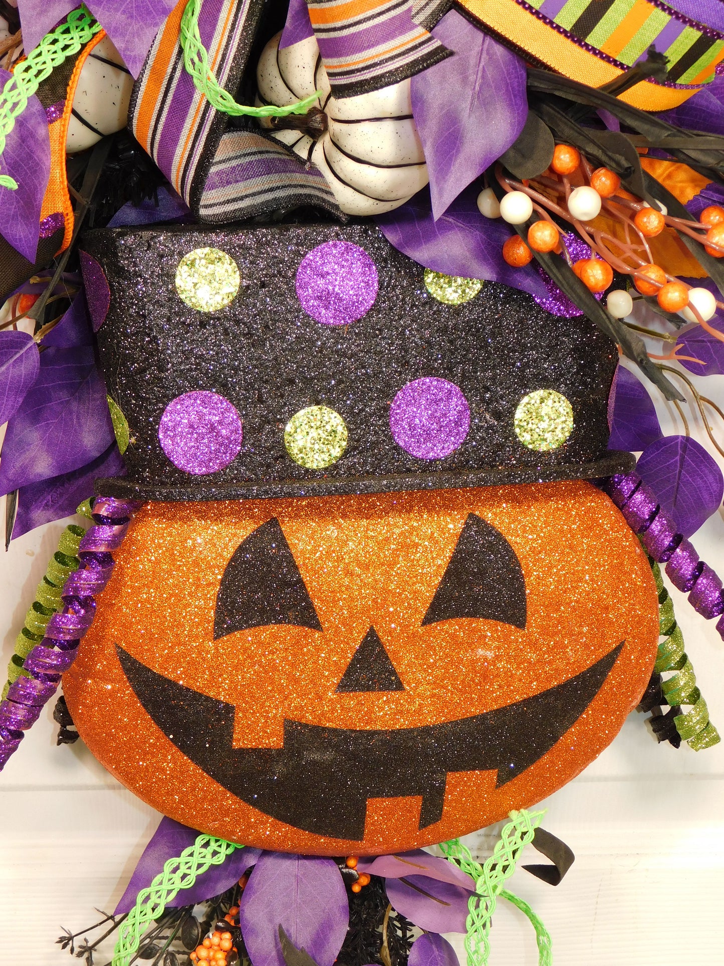 Festive Halloween Jack-o'-Lantern Door Swag with Purple & Orange Ribbon, Witch Hat Decor, Halloween Wall Hanging