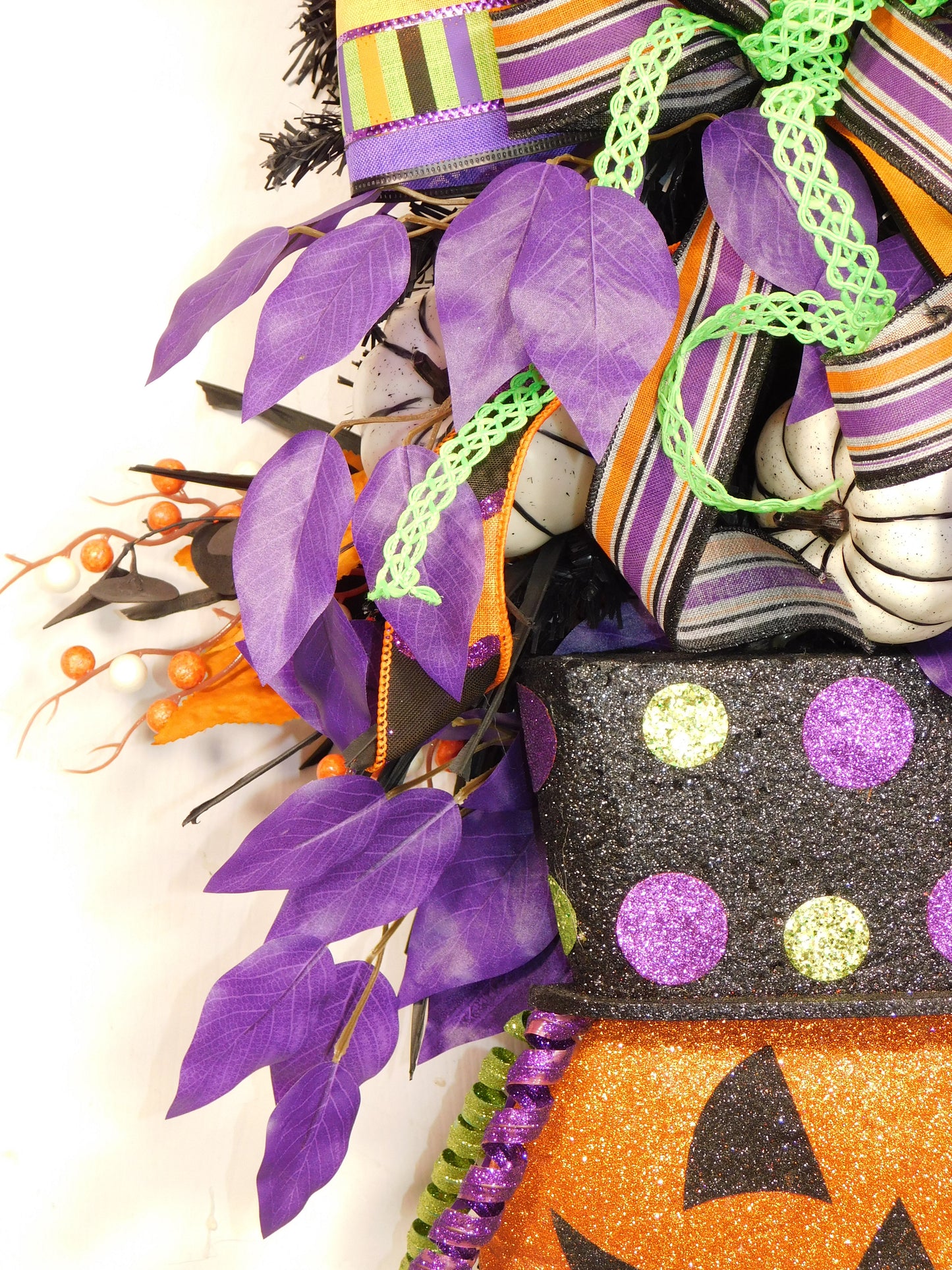 Festive Halloween Jack-o'-Lantern Door Swag with Purple & Orange Ribbon, Witch Hat Decor, Halloween Wall Hanging