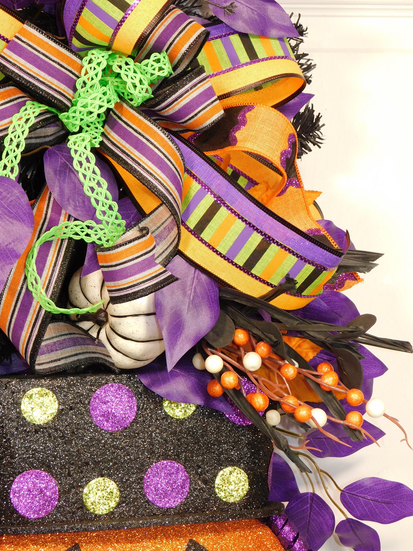 Festive Halloween Jack-o'-Lantern Door Swag with Purple & Orange Ribbon, Witch Hat Decor, Halloween Wall Hanging