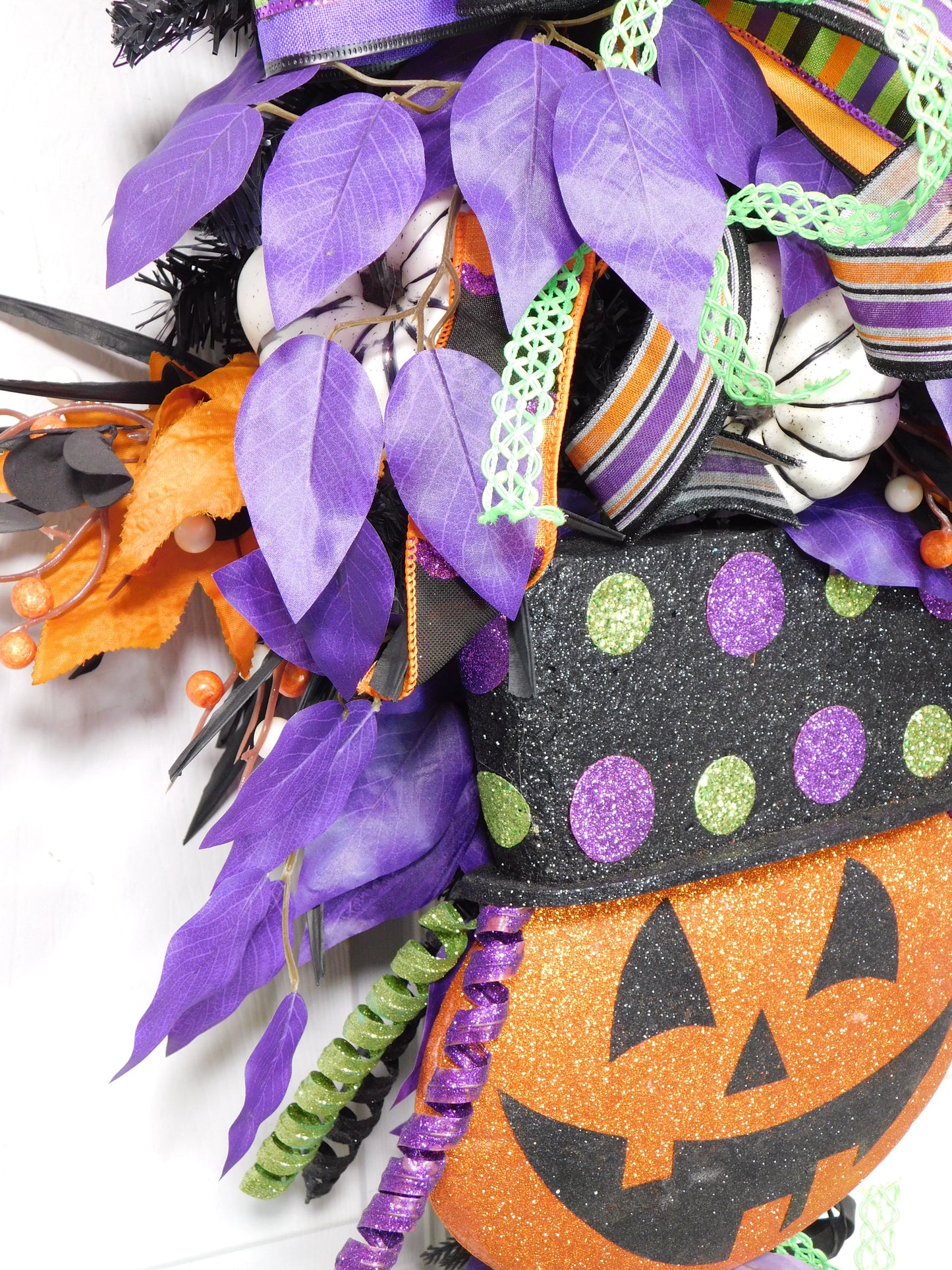 Festive Halloween Jack-o'-Lantern Door Swag with Purple & Orange Ribbon, Witch Hat Decor, Halloween Wall Hanging