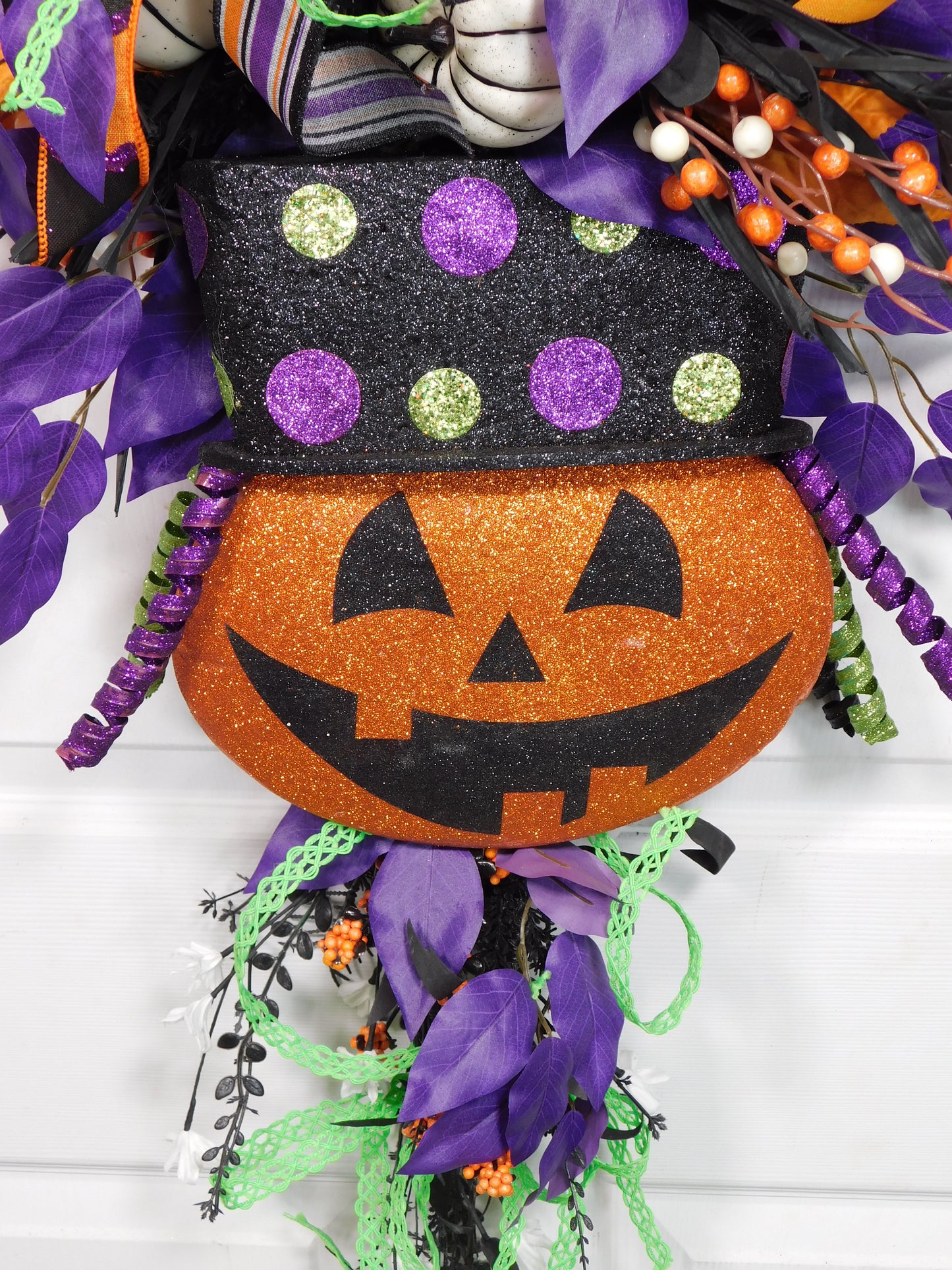 Festive Halloween Jack-o'-Lantern Door Swag with Purple & Orange Ribbon, Witch Hat Decor, Halloween Wall Hanging