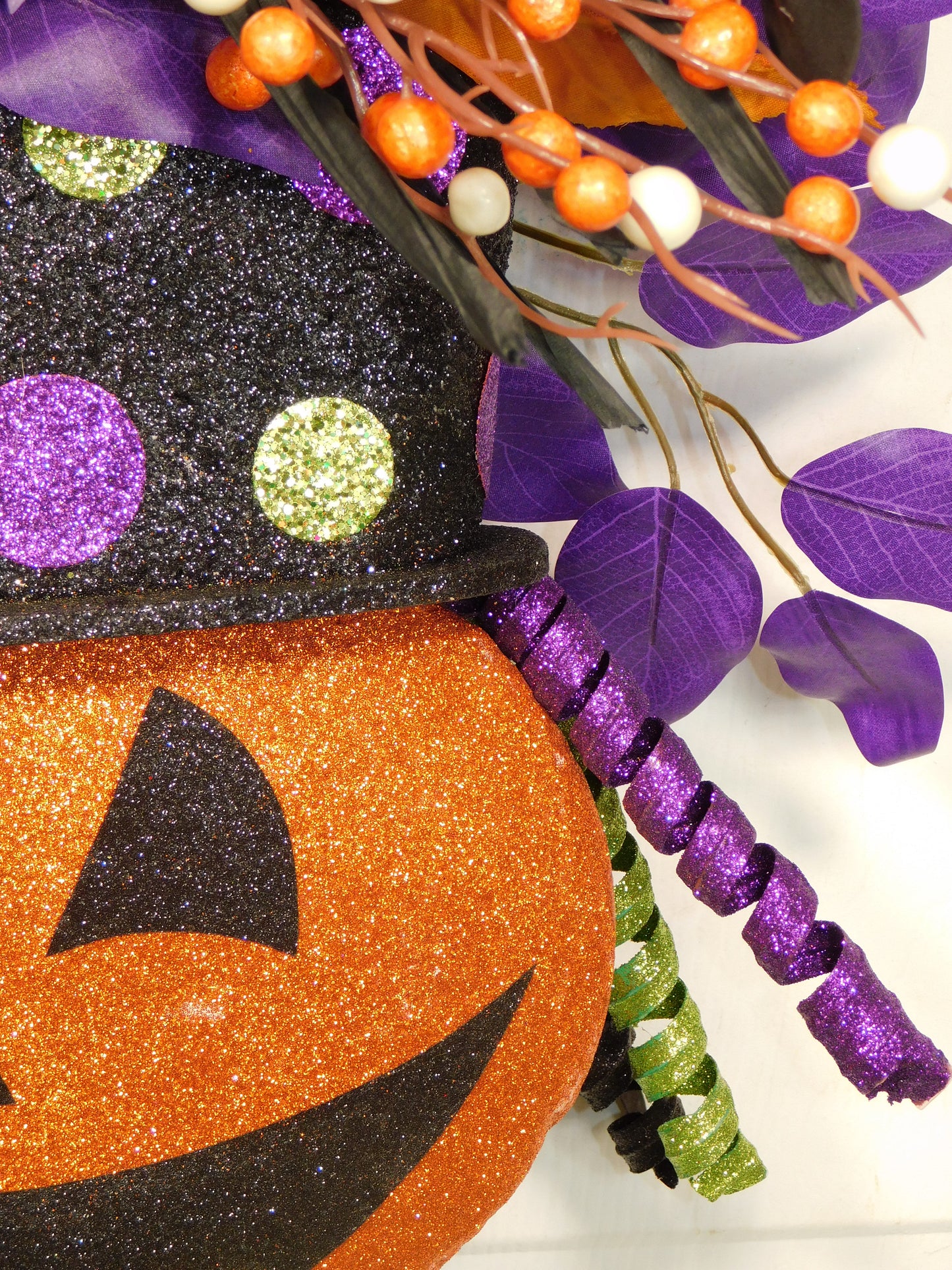 Festive Halloween Jack-o'-Lantern Door Swag with Purple & Orange Ribbon, Witch Hat Decor, Halloween Wall Hanging