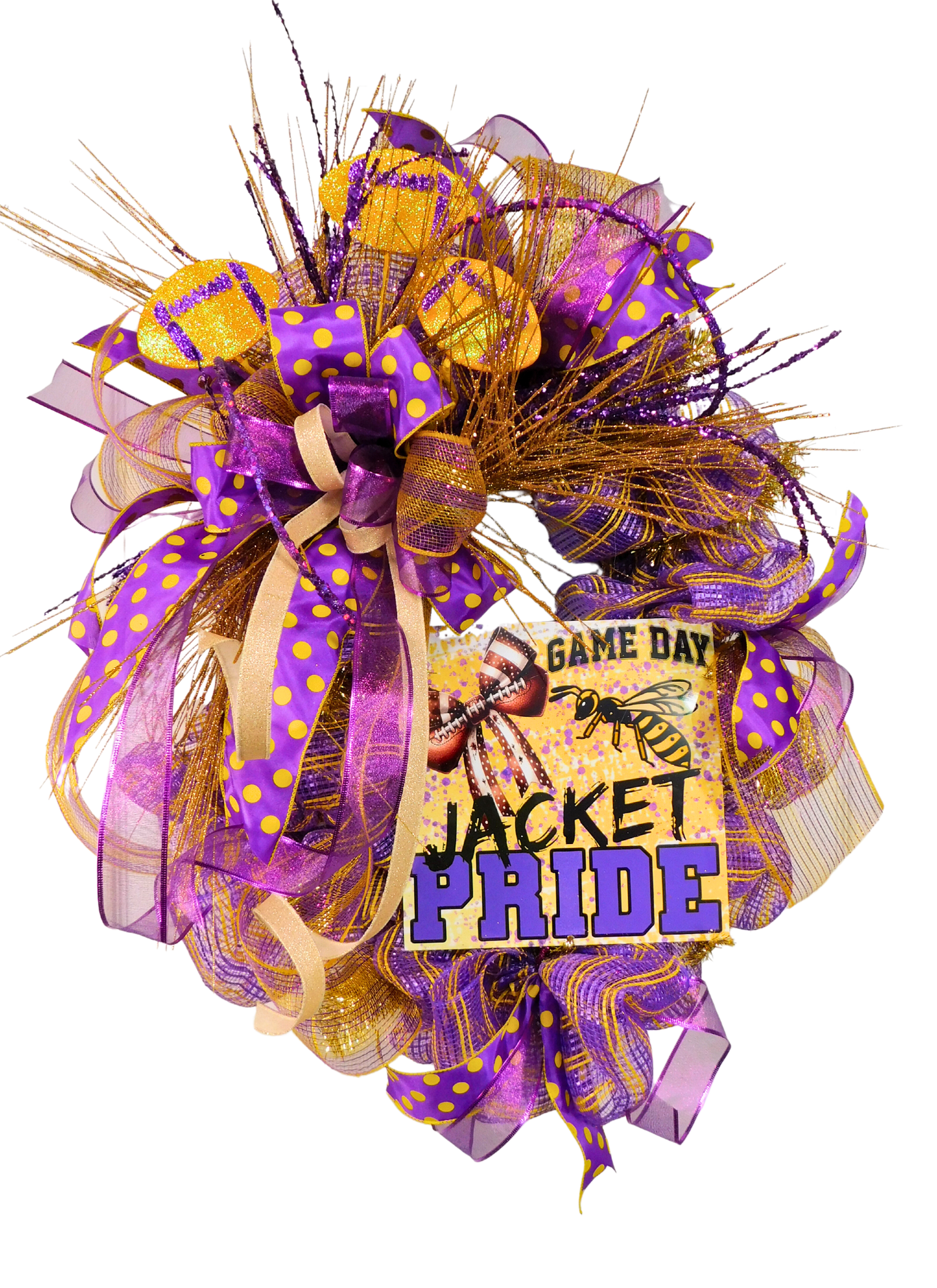 Game Day Wreath – Yellow Jacket Pride Football Door Decor with Purple & Gold Mesh Ribbon, Team Spirit Wreath