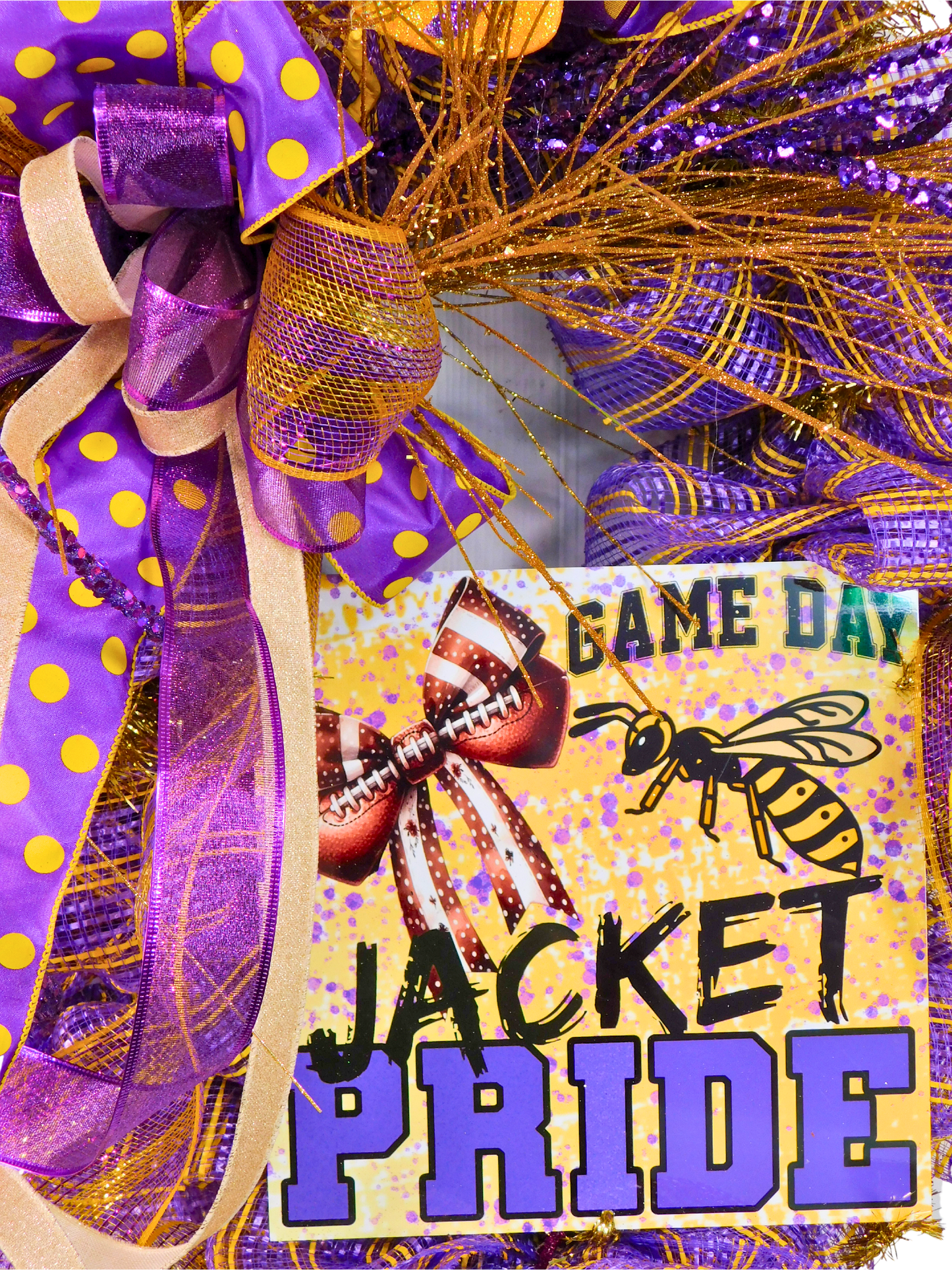 Game Day Wreath – Yellow Jacket Pride Football Door Decor with Purple & Gold Mesh Ribbon, Team Spirit Wreath