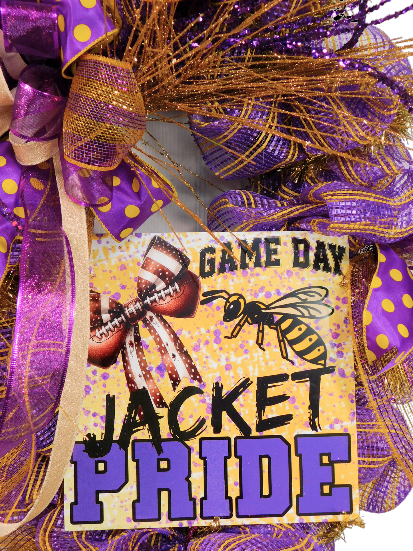 Game Day Wreath – Yellow Jacket Pride Football Door Decor with Purple & Gold Mesh Ribbon, Team Spirit Wreath