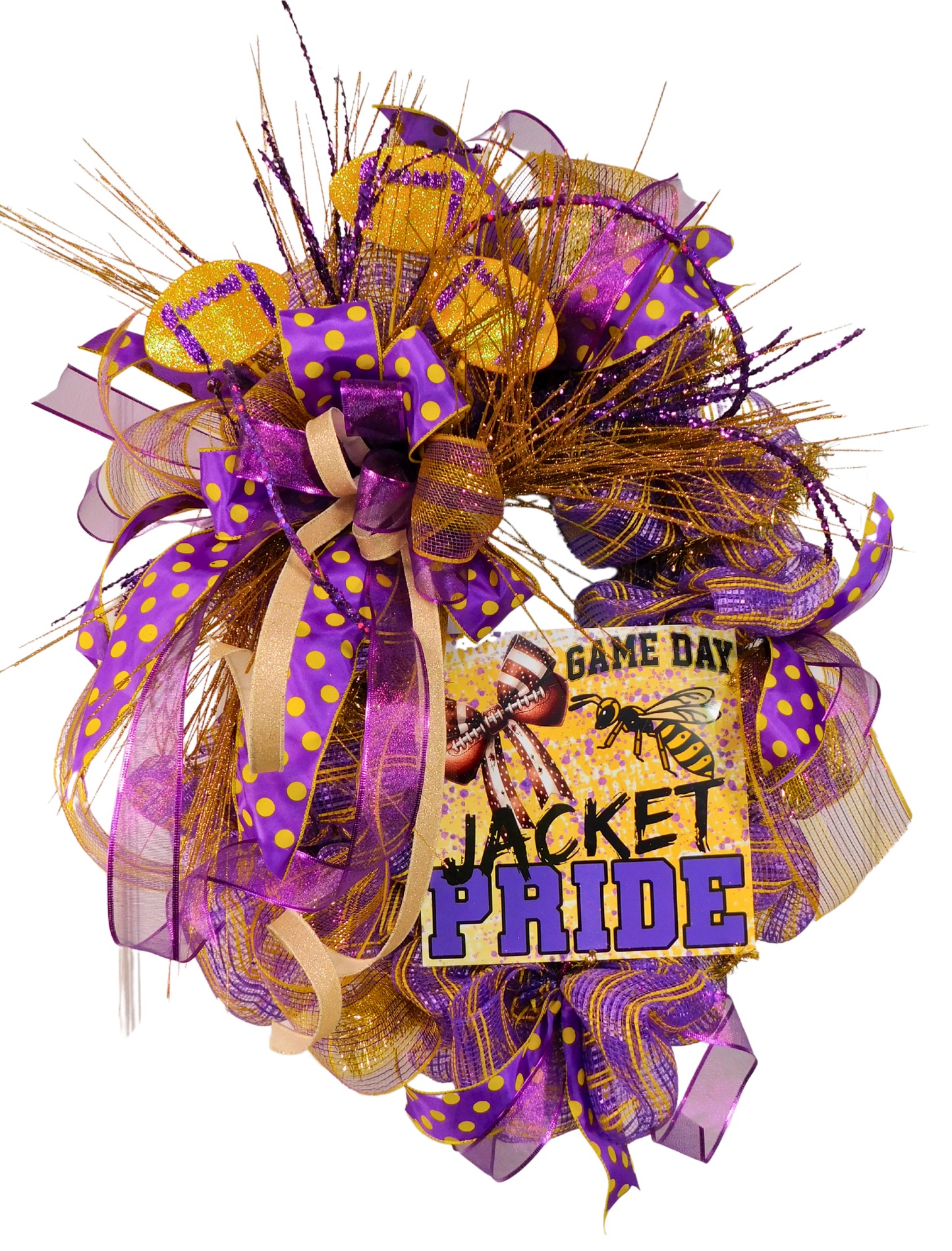 Game Day Wreath – Yellow Jacket Pride Football Door Decor with Purple & Gold Mesh Ribbon, Team Spirit Wreath