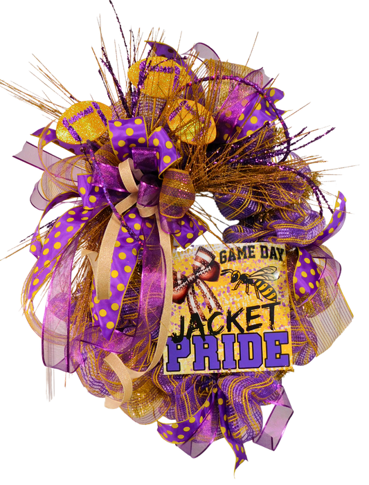 Game Day Wreath – Yellow Jacket Pride Football Door Decor with Purple & Gold Mesh Ribbon, Team Spirit Wreath