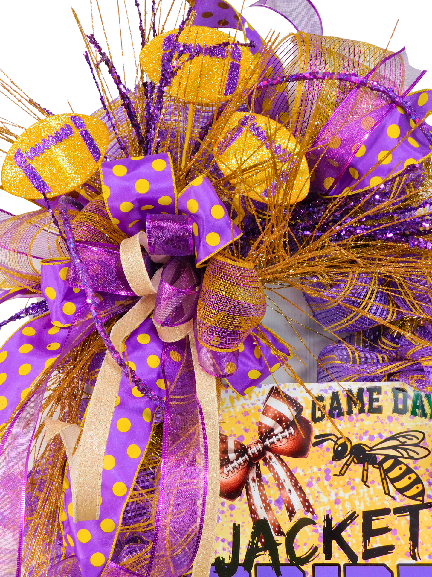 Game Day Wreath – Yellow Jacket Pride Football Door Decor with Purple & Gold Mesh Ribbon, Team Spirit Wreath