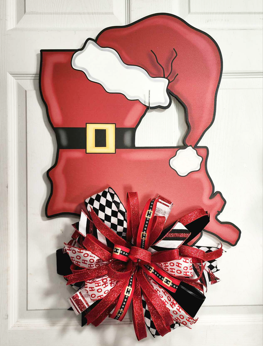 Louisiana Santa Door Hanger with Double Terri Bow | 30"x17" Christmas Decor | Santa Hat Wall Art