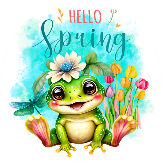 Froggy Hello Spring Round Metal Wreath Sign with Dragonfly and Tulips