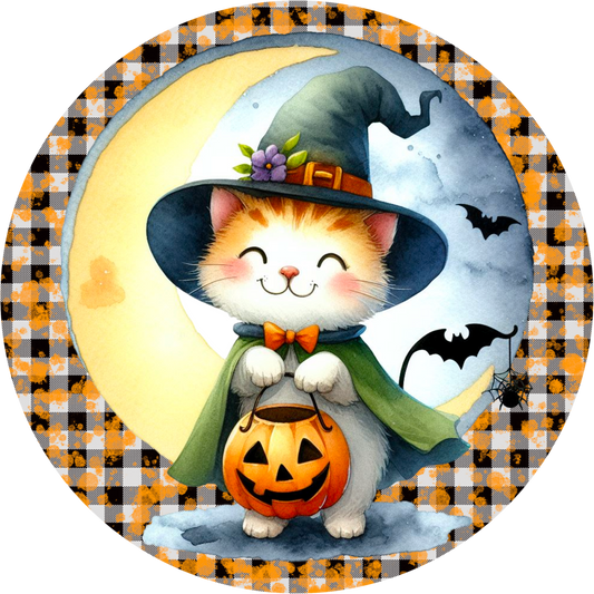 Halloween Trick or Treater Kitty Sublimated Round Wreath Sign