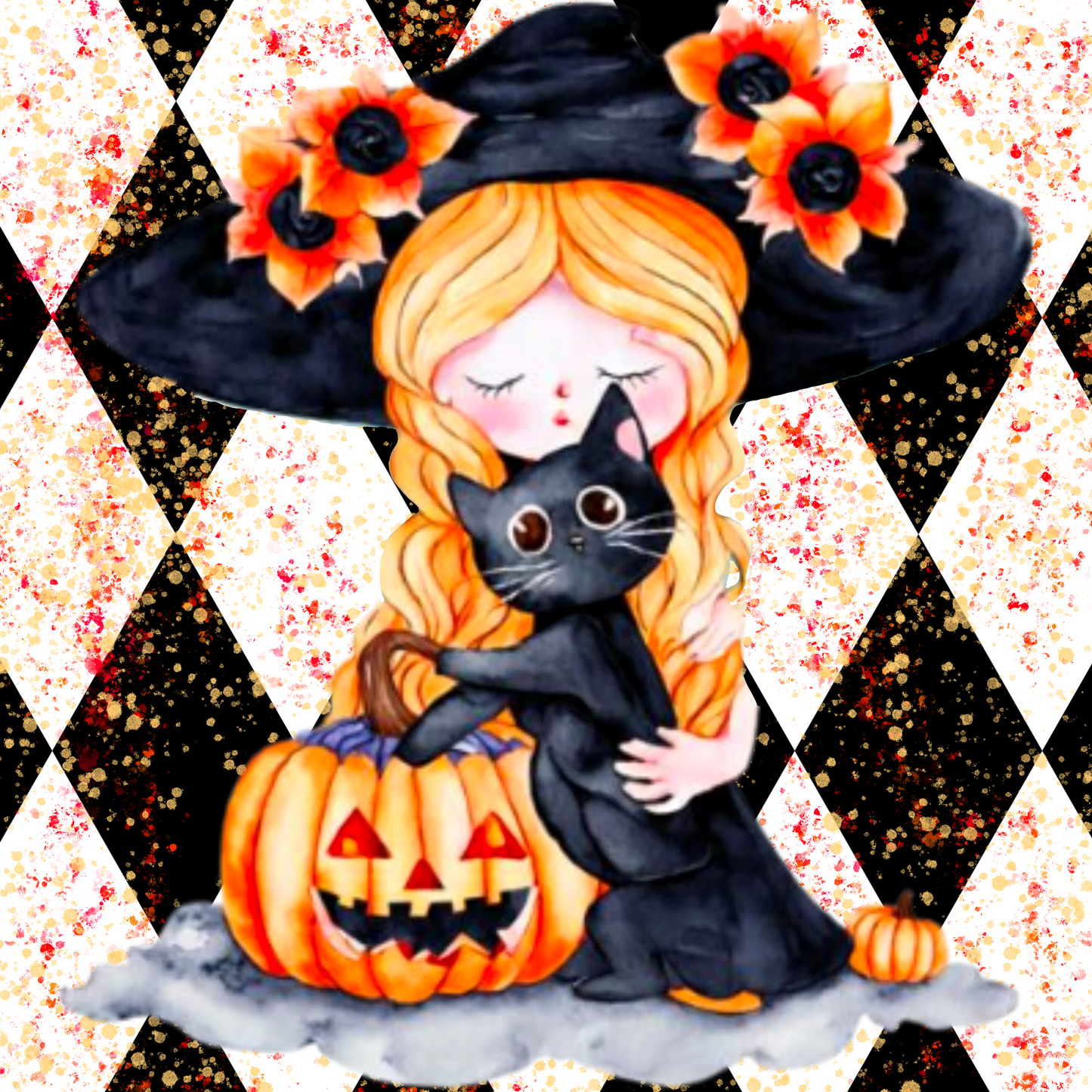 Harlequin Halloween Cute Witch and Kitty Square Wreath Sign