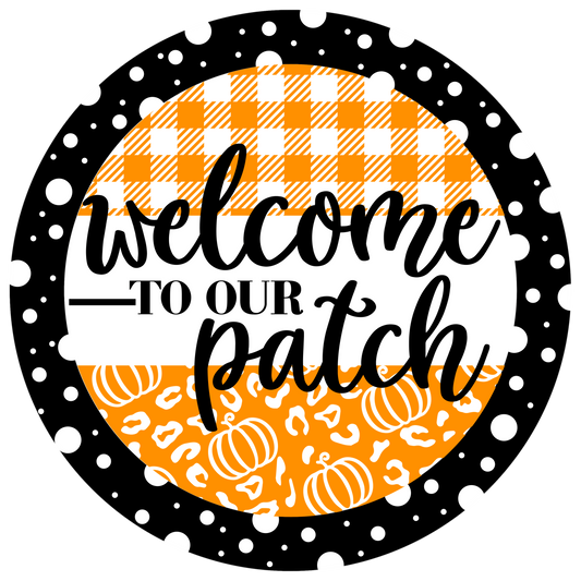 Handcrafted Metal Wreath Sign - Welcome to Our Patch - Autumn Decor - Rustic Fall Decoration - Pumpkin and Buffalo Plaid Design