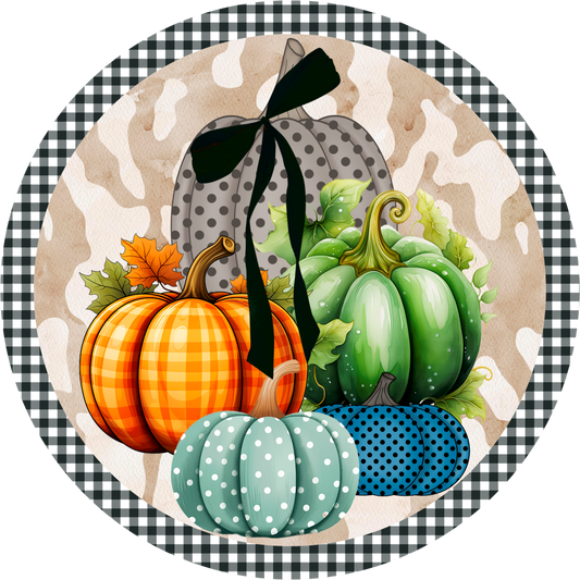 Rustic Fall Pumpkin Wreath Sign - Buffalo Plaid & Polka Dot Pumpkins - Farmhouse Autumn Decor