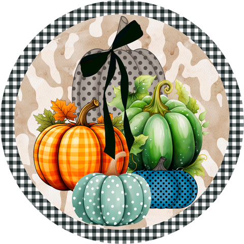 Rustic Fall Pumpkin Wreath Sign - Buffalo Plaid & Polka Dot Pumpkins - Farmhouse Autumn Decor
