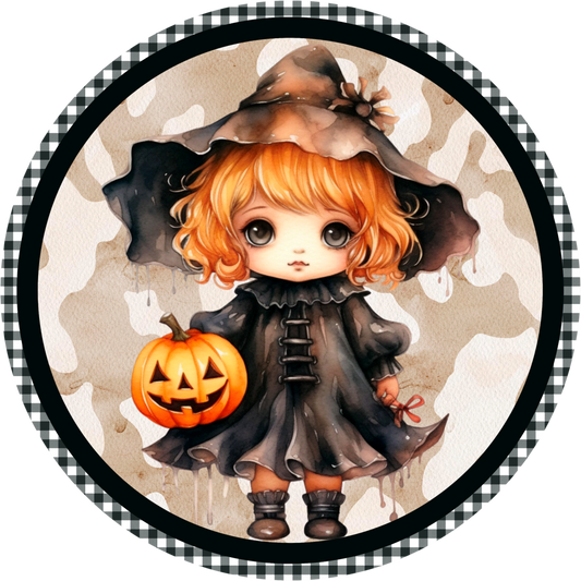 Jack-o-Lantern Witchy Girl Sublimated Round Sign