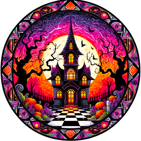 Spooky Haunted House Halloween Decor - Round Wreath Sign