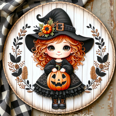 Whimsical Halloween Witch Wreath Sign - Cute Girl with Jack-O'-Lantern, Black & White Checkered Border