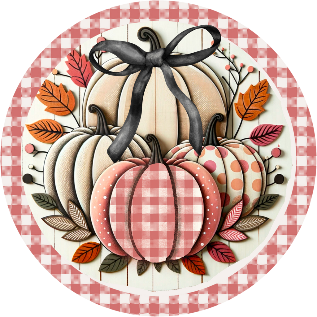 Charming Fall Pumpkin Wreath Sign with Gingham Border and Bow - Autumn Decor