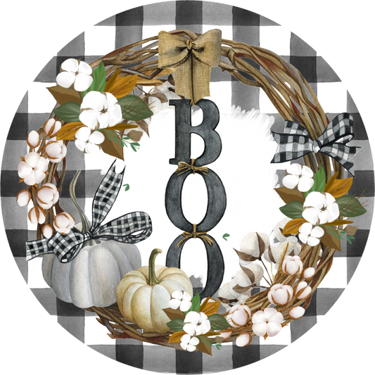 Rustic Halloween 'Boo' Wreath Sign with Cotton Blooms, Pumpkins, and Buffalo Plaid Bows