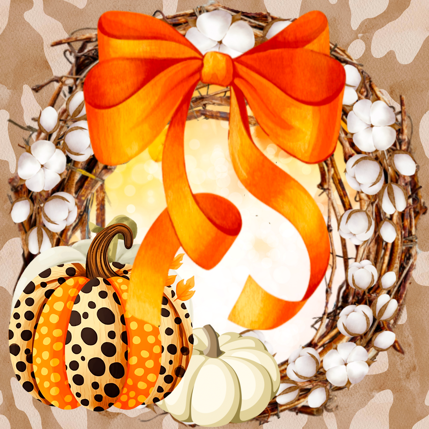 Festive Autumn Wreath with Cotton Blooms, Orange Bow, and Decorative Pumpkins - Fall Decor