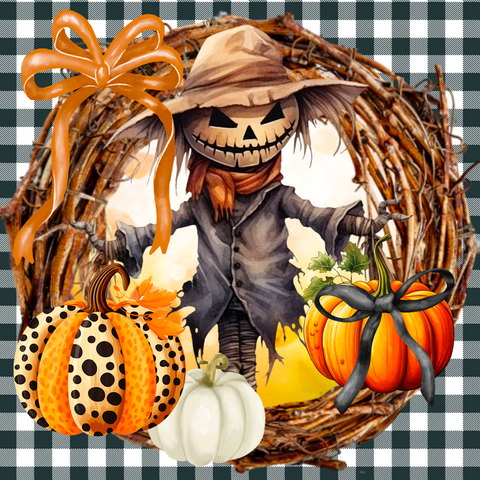 Spooky Scarecrow Halloween Wreath Sign with Pumpkins and Orange Bow - Fall Decor