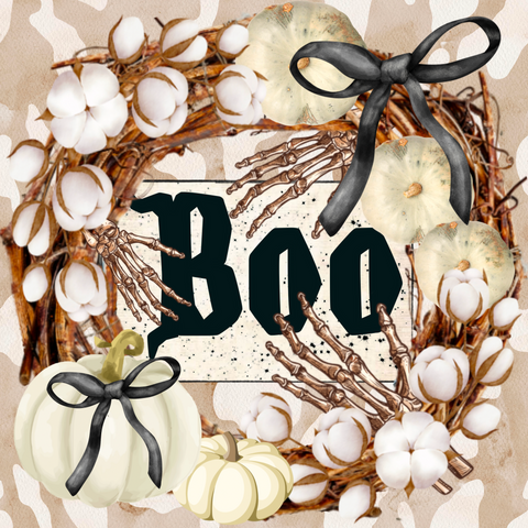 Rustic Halloween Boo Wreath with White Pumpkins, Cotton Stems, and Skeleton Hands - Spooky Fall Decor