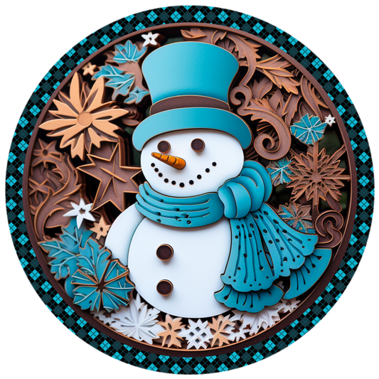 Winter Snowman Wreath Sign - Festive Holiday Decor - Blue and Copper Accents - Christmas Door Plaque - 10" or 11.75" Round