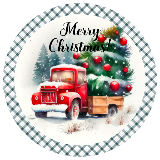 "Merry Christmas" Red Truck Wreath Sign - Festive Holiday Decor - Vintage Christmas Tree Plaque - 10" or 11.75" Round