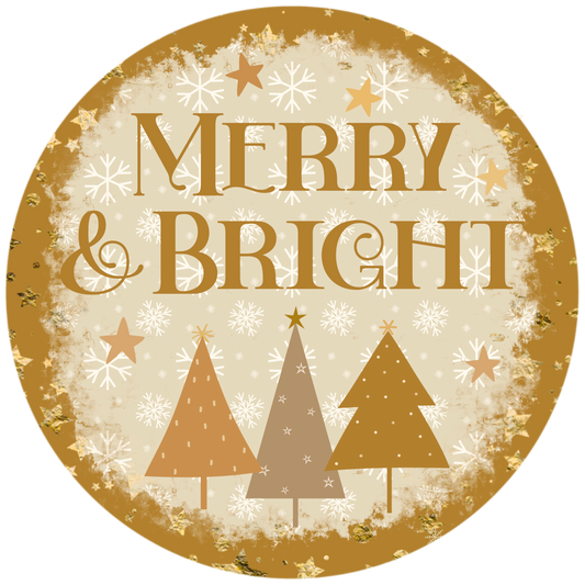 "Merry & Bright" Christmas Wreath Sign - Festive Holiday Decor - Gold and Beige Accents - 10" or 11.75" Round