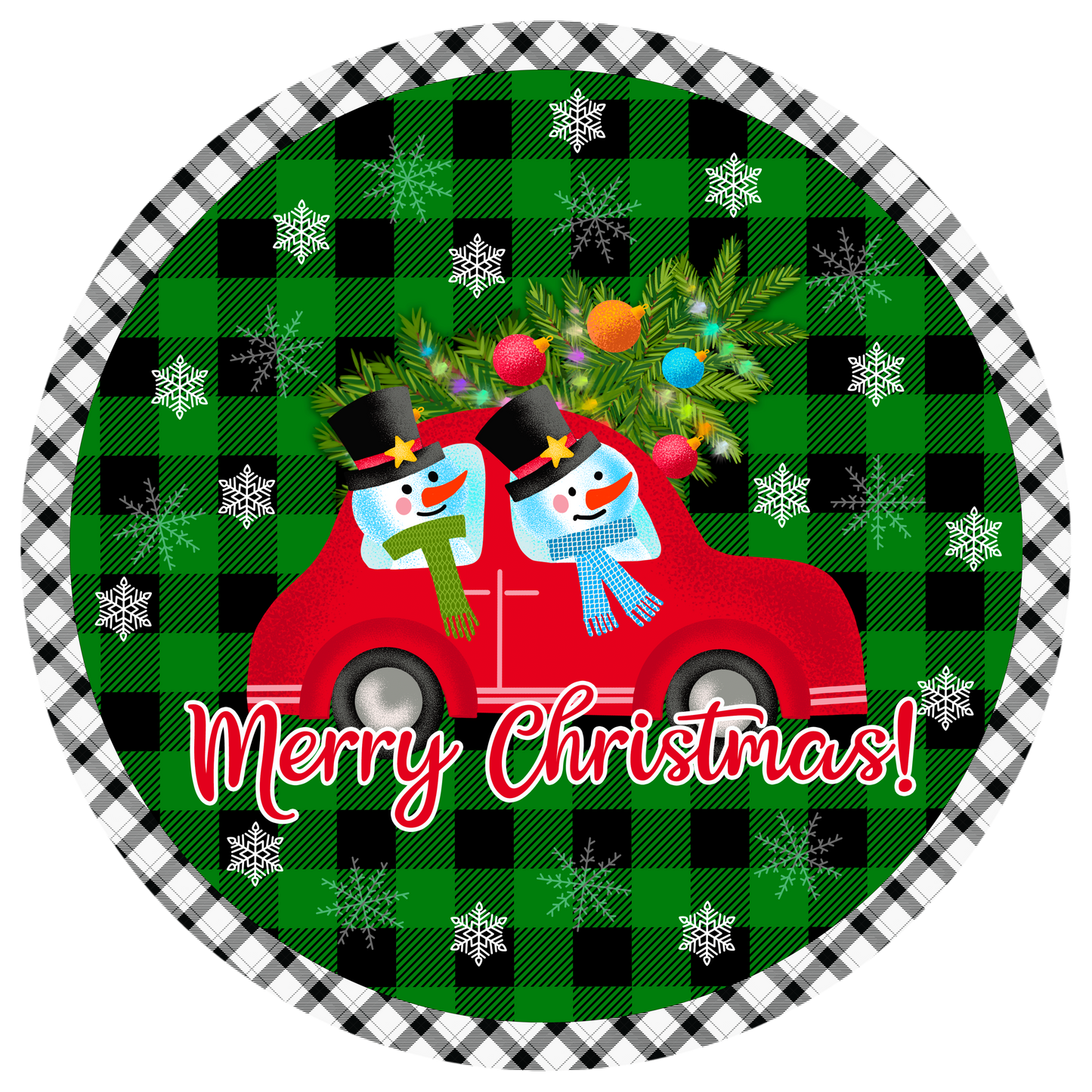 "Merry Christmas" Snowmen in Red Car Wreath Sign - Festive Holiday Decor - 10" or 11.75" Round