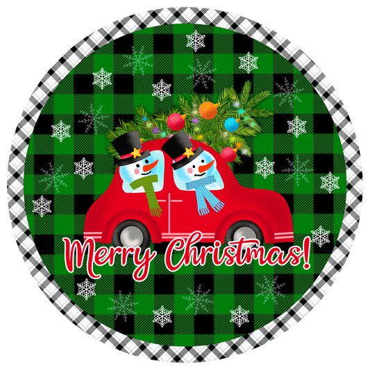 "Merry Christmas" Snowmen in Red Car Wreath Sign - Festive Holiday Decor - 10" or 11.75" Round