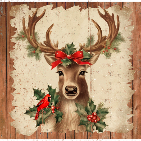 Vintage Reindeer and Cardinal 10" x 10" Sublimated Christmas Wreath Sign - Rustic Holiday Decor