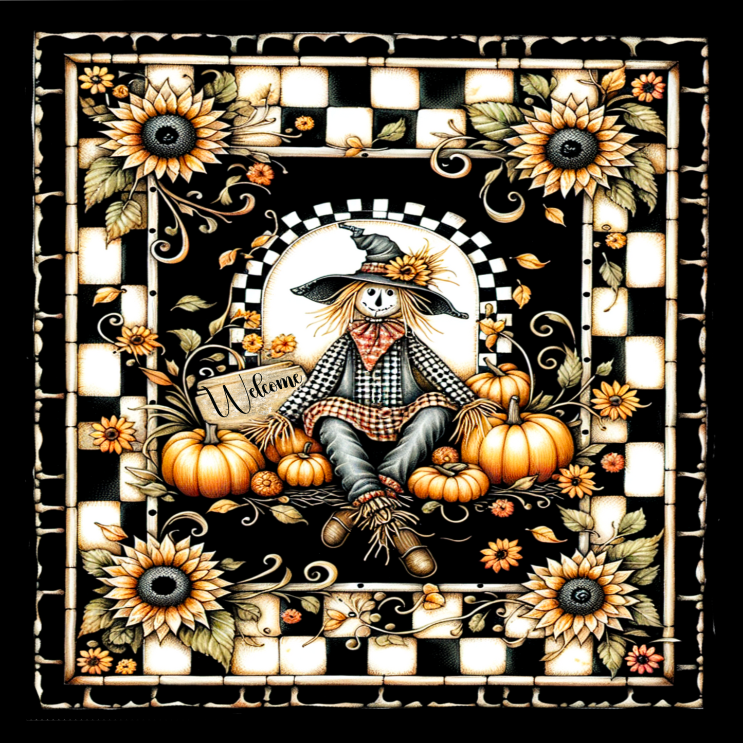 Welcome Scarecrow 10" x 10" Wreath Sign - Rustic Autumn Decor - Sunflower and Pumpkin Design