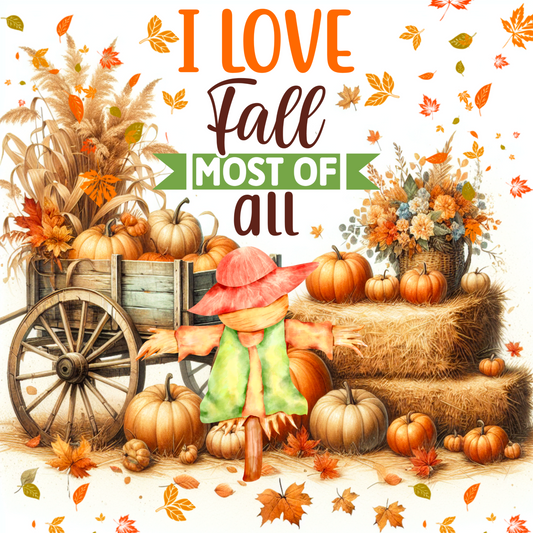 I Love Fall Most of All 10" x 10" Wreath Sign - Rustic Autumn Decor - Pumpkin and Scarecrow Design