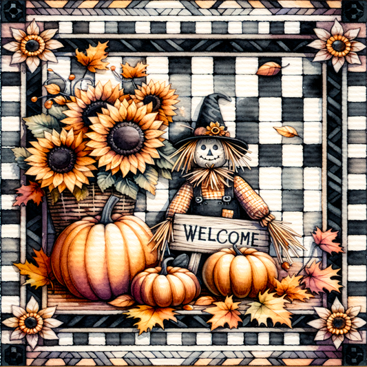 Welcome Scarecrow 10" x 10" Fall Wreath Sign - Rustic Sunflower and Pumpkin Autumn Decor