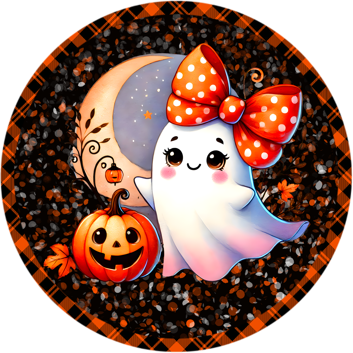 Adorable Ghost with Pumpkin Round Wreath Sign - Cute Halloween Decor - Spooky Season Decoration