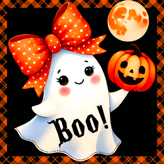 Ghost with Pumpkin 'Boo!' 10" Square Wreath Sign - Cute Halloween Decor - Spooky Season Decoration